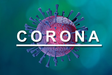 3d ilustration of an virus on blue background and corona text