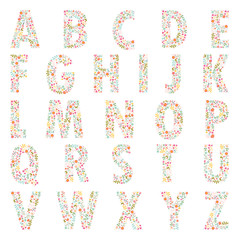 Cute floral alphabet.  Letters with flowers and leaves. Vector illustration. Isolated on white. Alphabet spring and summer flowers.