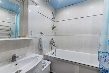 Russia, Moscow- November 15, 2019: interior room apartment modern bright cozy atmosphere. bathroom, sink, decoration elements, toilet