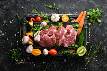 Protein menu: veal meat, vegetables and fruits. Food background.