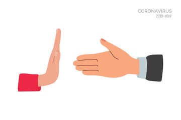 No handshake. Do not contact. Precautions and prevention of coronavirus disease. No physical contact. Warning, dangerous infection on hands. Flat cartoon colorful vector illustration.
