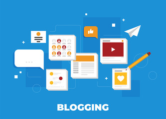 Computer with blogging activity. Flat vector.