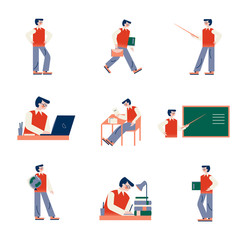 Fototapeta na wymiar Set of the school teacher male character in different situations. Vector illustration in flat cartoon style