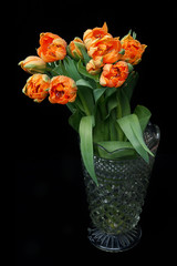A Pile of Beautiful Orange Tulips in a Glass Pot