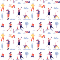 Fototapeta na wymiar Seamless pattern with active people spending time in the park. Various characters outdoor.
