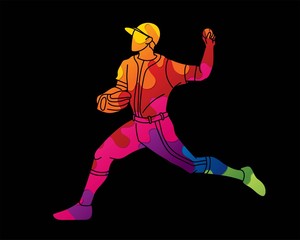 Baseball player action cartoon sport graphic vector.