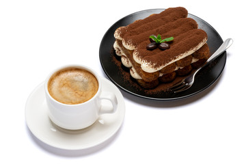 Classic tiramisu dessert on ceramic plate and cup of coffee isolated on white background with clipping path