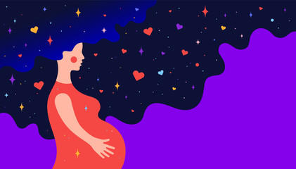 Modern flat character. Pregnant woman with dream universe. Simple character of pregnant woman with universe starry night and love symbols in hair. Concept in flat graphic. Vector Illustration