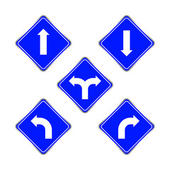 road signs blue set, traffic road sign blue isolated on white, signpost caution for direction, road sign and white arrow pointing