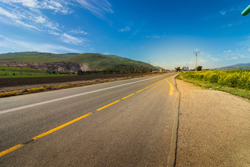 Asphalt road painted in white and yellow surrounded by green field and yellow wildflowers wide angle photography