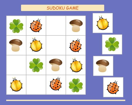 Sudoku for kids. Kids activity sheet. Training logic, educational game. Sudoku game with ladybirds, mushrooms, clover leaves for children, easy level, preschool worksheet.