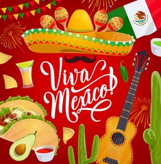 Cinco de Mayo sombrero and maracas, Mexico holiday fiesta vector design. Mexican hat, chili peppers, flag and cactuses, mariachi guitar and mustache, tacos, margarita and nachos, bunting, fireworks