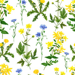 Watercolor seamless pattern, wild field flowers and herbs