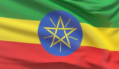 Waving national flag of Ethiopia. Waved highly detailed close-up 3D render.