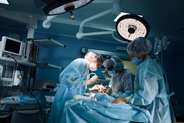In the hospital operating room. An international team of professional surgeons and assistants works...