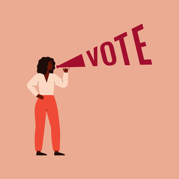 Strong black girl speaks into a megaphone. Woman activist is calling for votes. Voting, Election and suffrage women concept. Vector illustration