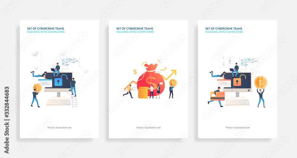 Poster set of cybercrime teams hacking into computers. flat vector illustrations of hackers breaking privat