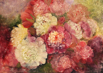 Painted picture with oil paints, colorful beautiful peonies for a cozy atmosphere