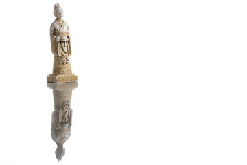 White vintage queen chess isolated on white background with reflection on the floor