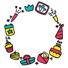 Birthday frames. Celebration b-day icon set. Hand drawn elements. Vector