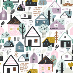 Seamless pattern with cute village houses. Childish texture. Great for fabric, textile Vector Illustration