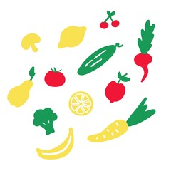 A hand-drawn set of food and dishes. Doodle collection of meal.