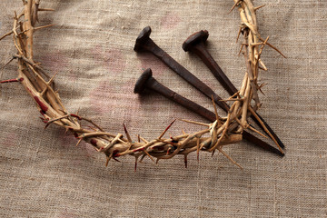 Jesus Christ Crown of thorns with three nails. Religion background. Easter symbol. Crucifixion Of...