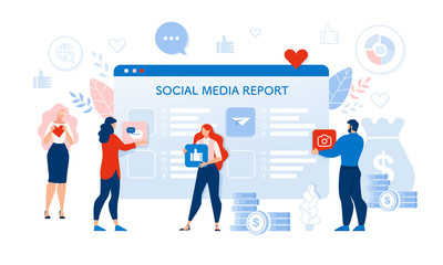 Social Media Audit Report. People User Response. Man and Woman Holding Like Heart and Thumbs up Sign, Photo Camera and Online Chat Widget. Huge Digital Tablet Screen Check Point. Vector Illustration