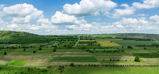 Fototapeta na wymiar Panorama of moldavian countryside in summer. View of green fields and gardens