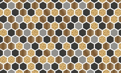 Abstract luxury gold hexagonal background. Ceramic hex tiles. Interior design concept. Architectural polygonal glossy porcelain surface. 