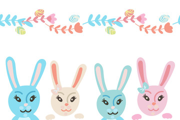Easter border in doodle stile. Bunny, floral brush, egg. Pastel colors