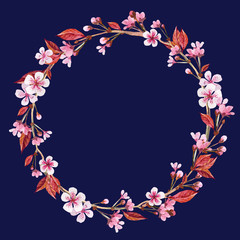 Wreath with flowers, buds, leaves of sakura on dark blue. Background for wedding invitations, congratulations, messages, save date, cards.