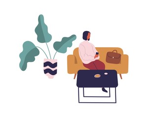 Woman sitting on couch at table with food use smartphone isolated on white. Cartoon female relaxing at cafe on sofa holding mobile vector flat illustration. Casual girl enjoying break at cafeteria