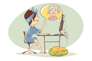 Chat with grandma online. A young woman is talking to an elderly woman through video calling, vector illustration.