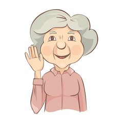 Grandma waves her hand. Elderly woman greets us holding up a hand, vector illustration.