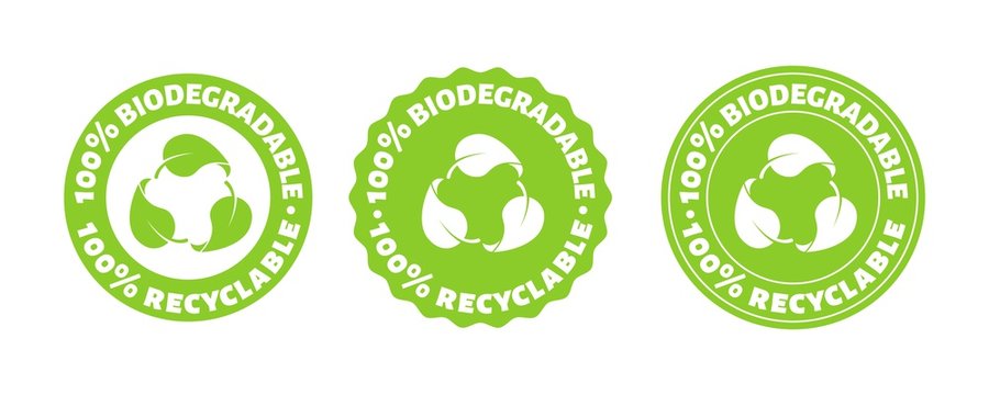 100 Persent Biodegradable Recycle Stamp. Vector Reusable Plastic Bio Package Logo Icon Set. Eco Sign