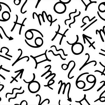 Zodiak seamless pattern. Hand drawn horoscope elements