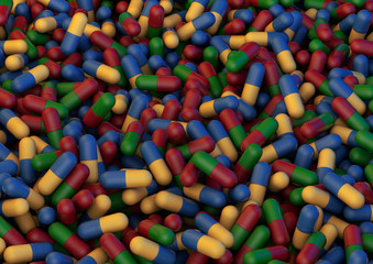 Fototapeta na wymiar Closeup red-green and blue-yellow antibiotics capsule pills on blue background. Antimicrobial drug resistance. Pharmaceutical industry.