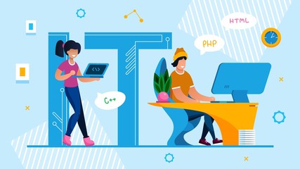 It Specialist Team. Technical Service and Support Advertisement. Man and Woman Programmer, Designer, System Administrator Brainstorming, Coding, Computing HTML Language. Vector Illustration