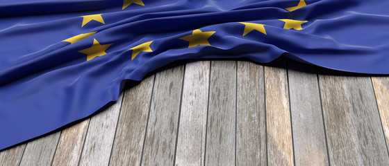 EU flag on wood, copy space. 3d illustration