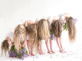 A group of beautiful girls with long elegant hair on a white background