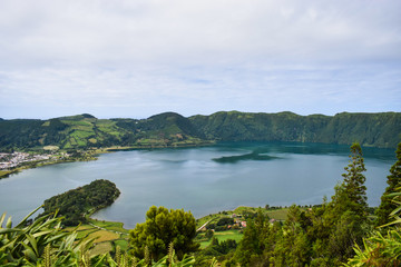 Fototapeta na wymiar Famous green and blue lakes on San Miguel island. Unknown Potugal.