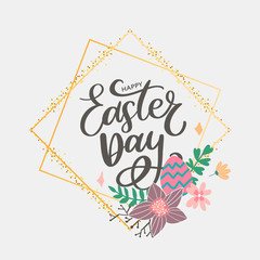 Colorful Happy Easter greeting card with flowers eggs and rabbit elements composition. EPS10 vector file organized in layers for easy editing.