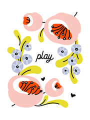 Vector illustration in simple naive style of abstract floral design with cute flowers. Pastel color blossoming plants for greeting card, poster, cover design template or social media story wallpaper