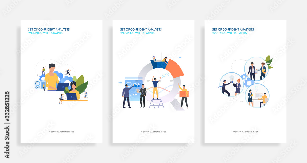 Aufkleber set of confident analysts working with graphs. flat vector illustrations of development, optimizatio