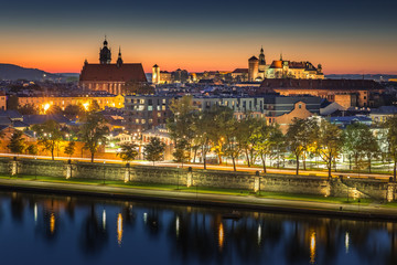 Fototapeta na wymiar View to Cracow Old town in blue hour in autumn time. Cracow, Poland, october 14.2019
