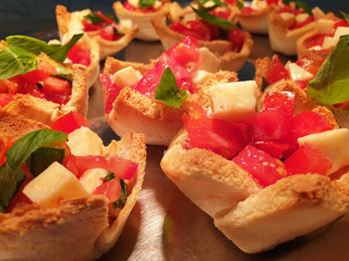 Light snack of bread with tomatoes and mozzarella cheese.