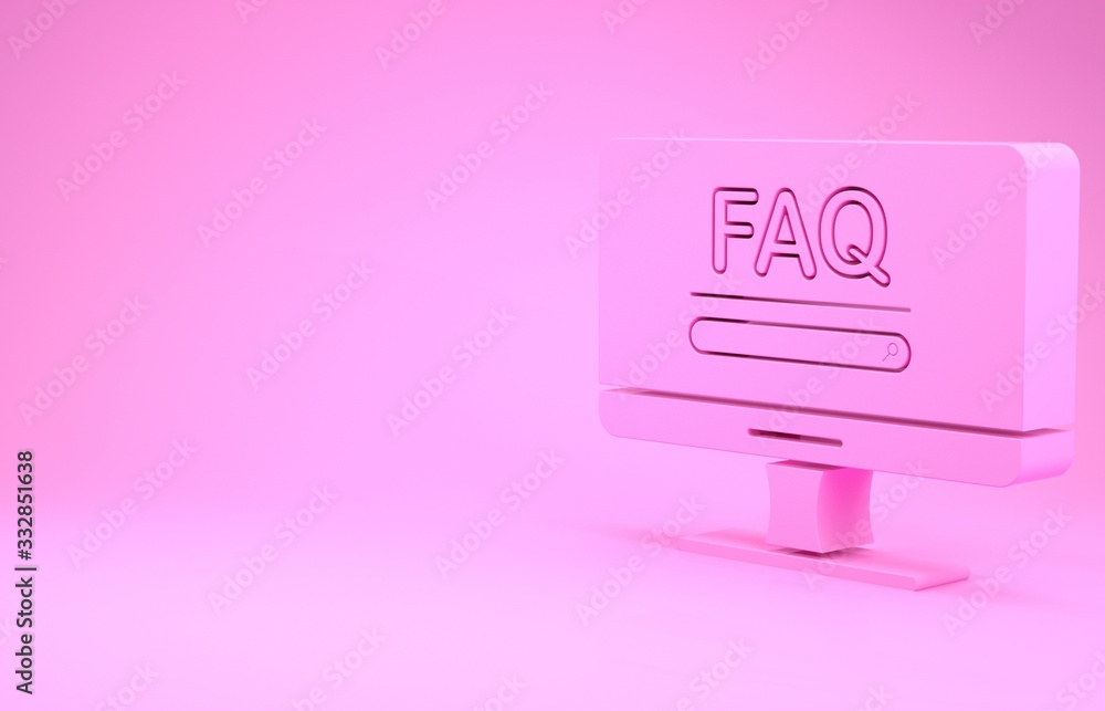 Poster pink computer monitor with text faq information icon isolated on pink background. frequently asked q