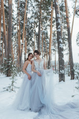 Fototapeta na wymiar a beautiful girl in a wedding dress stands in a winter pine forest