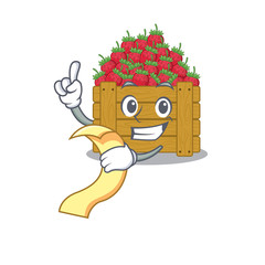 cartoon character of strawberry fruit box holding menu ready to serve